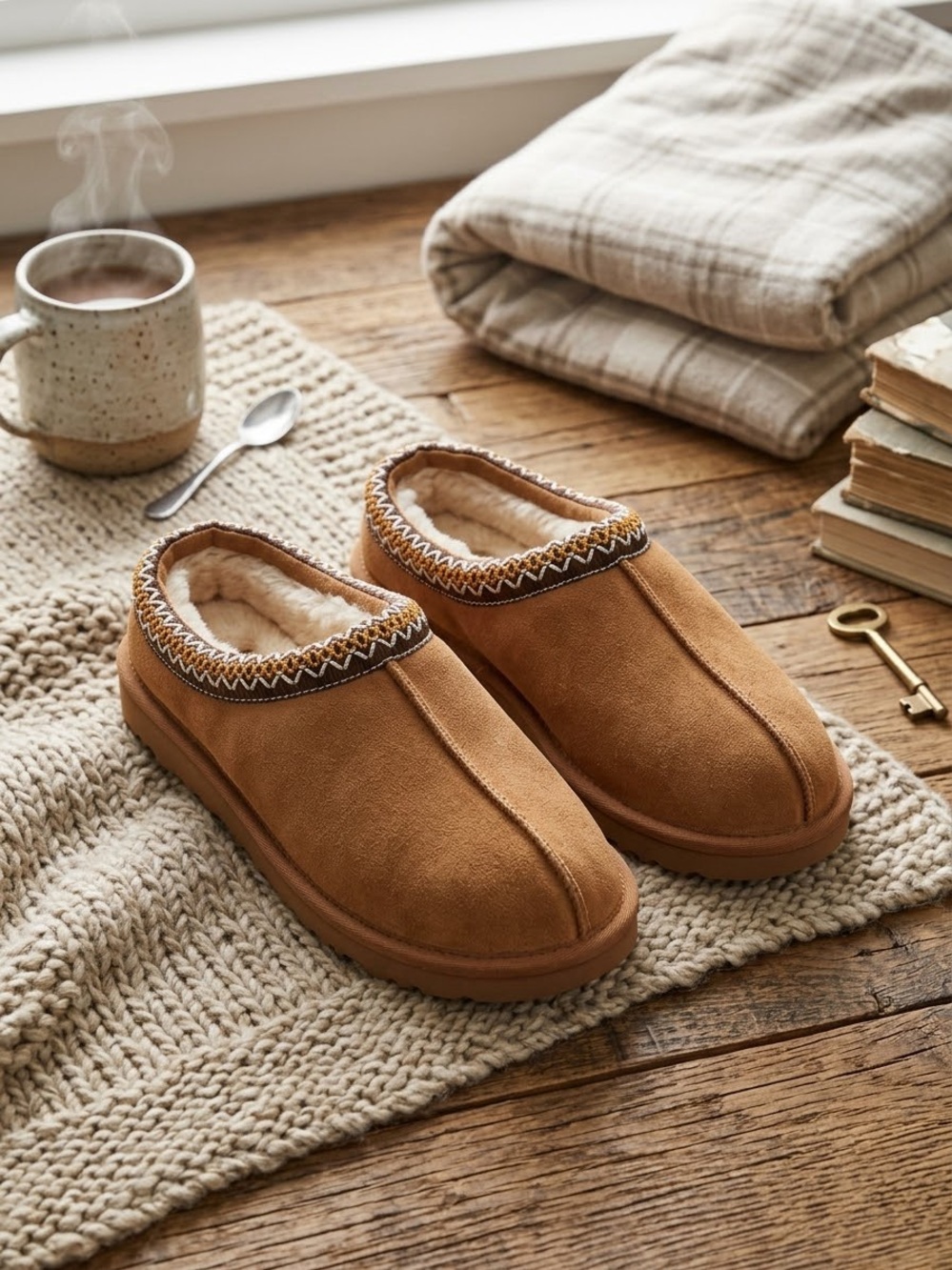 Source Unknown Chestnut Suede-Look Shearling Lined Women's Slip-On Slippers